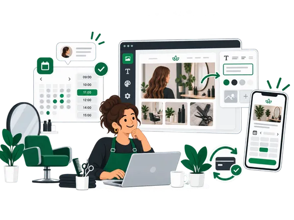 Illustratie van de kapsalonsoftware: een afsprakenwidget met tijdsloten en een editor waarin teksten en foto's worden aangepast